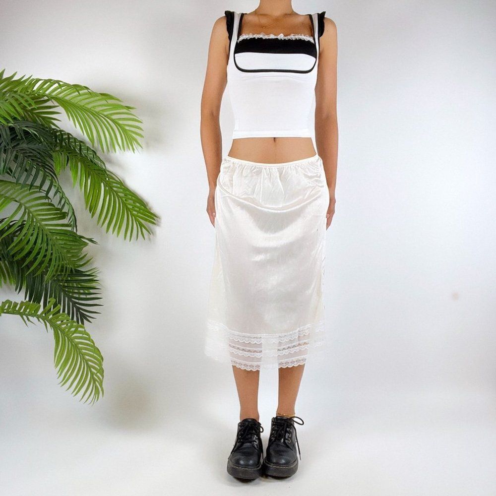 Vintage 90s White Coquette Cottagecore Low Rise Angelcore Midi Slip Skirt / M